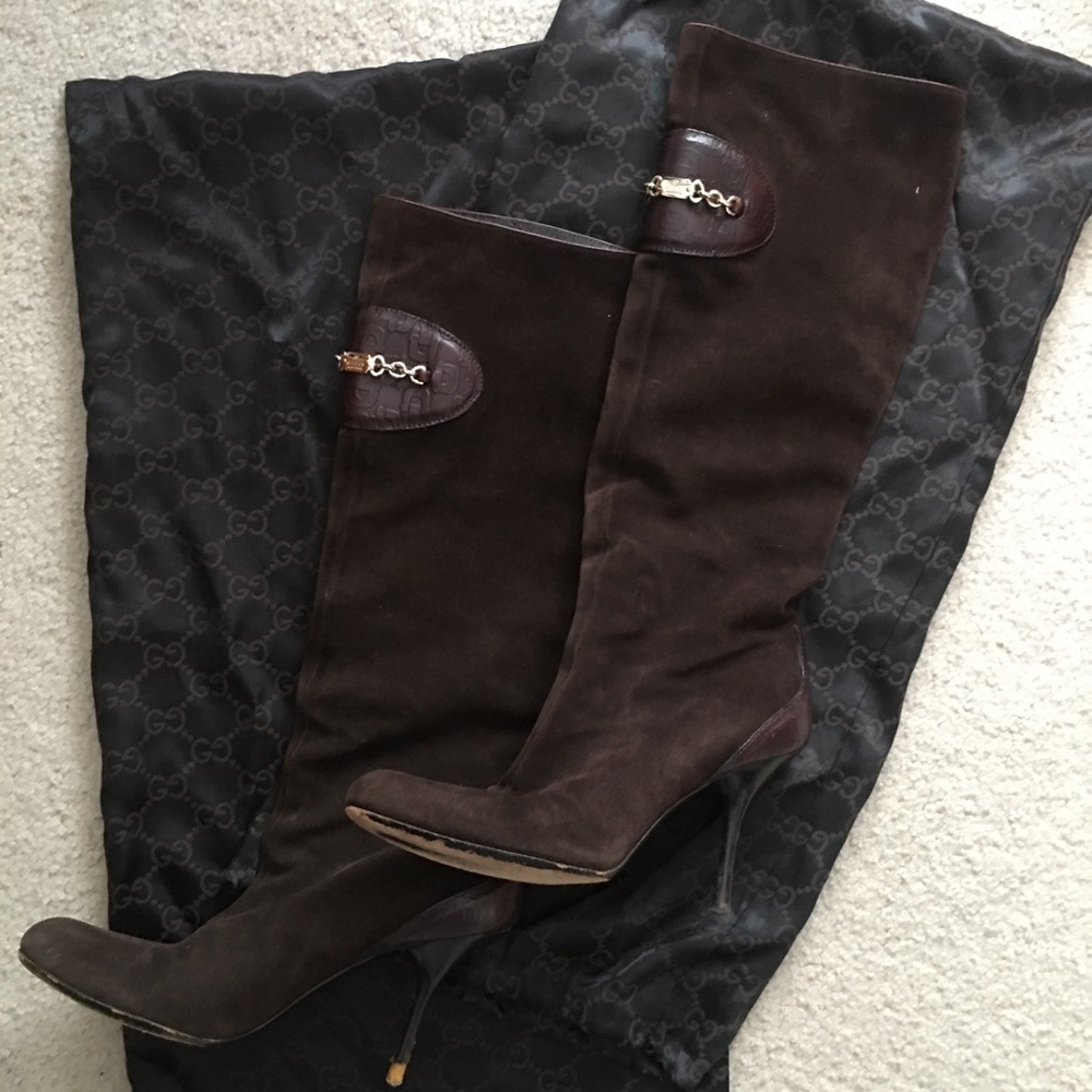 Gucci Knee High Brown Suede Boots with Gold Hardware